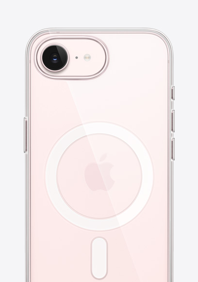 iPhone 17e, parte trasera, acabado rosado pálido, con carcasa transparente con MagSafe, cámara Fusion en la parte superior, logo de Apple en el centro