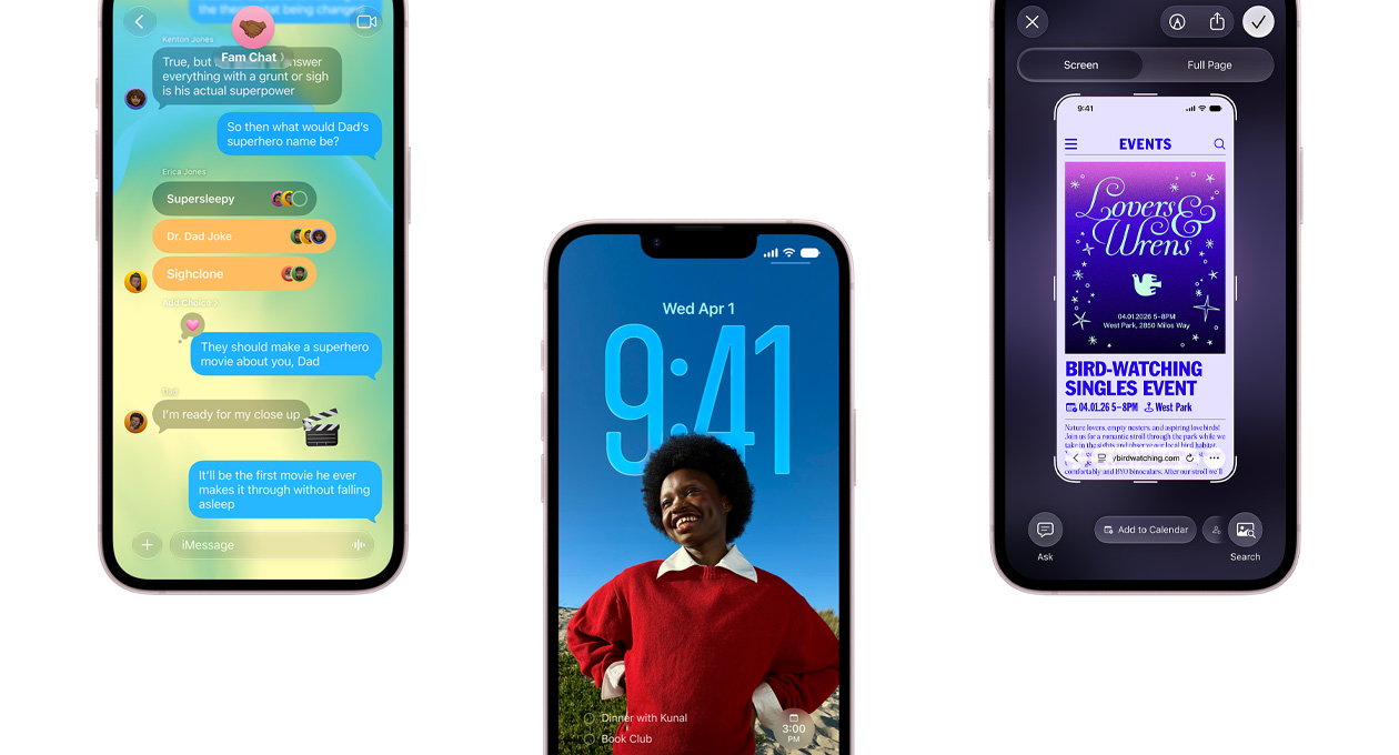 Trzy urządzenia iPhone 17e, widać na nich aplikację Wiadomości z efektem Liquid Glass, dynamiczny ekran blokady i funkcję zrzutu ekranu z użyciem wydarzenia w Kalendarzu