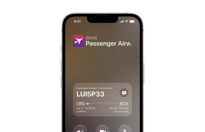 iPhone 17e, displaying Call Context feature powered by Apple Intelligence. Screen shows airline confirmation details while on a call