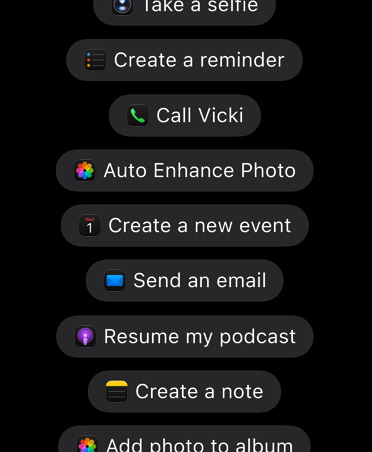 Screen with requests for Siri AI to take action in apps, including Take a selfie, Create a reminder, Call Vicki, Create a new event, Send an email, Resume my podcast, Create a note, Add photo to album