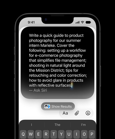 iPhone 17e, showing detailed typed prompt for Write with Siri to create a draft