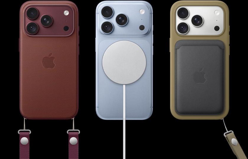 차례로 왼쪽에는 버건디 가죽 케이스와 버건디 크로스바디 스트랩을 장착한 iPhone 18 Pro가, 가운데에는 화이트 MagSafe 충전기가 부착된 글레이셔 색상 iPhone 18 Pro가, 오른쪽에는 그린 폰 케이스에 블랙 가죽 카드지갑, 손목 스트랩을 장착한 실버 색상 iPhone 18 Pro가 있습니다.
