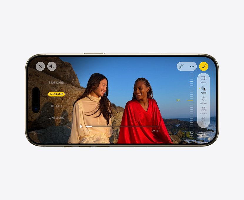 iPhone Air, voorkant, Pro-video waarbij de feature Audiomix wordt gebruikt
