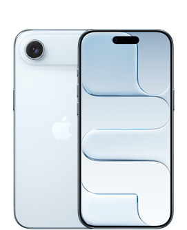 iPhone Air, achterkant, kleur Hemelsblauw, Fusion-camerasysteem bovenin, Apple logo in het midden, voorkant, kleur Hemelsblauw, Dynamic Island in het midden bovenin