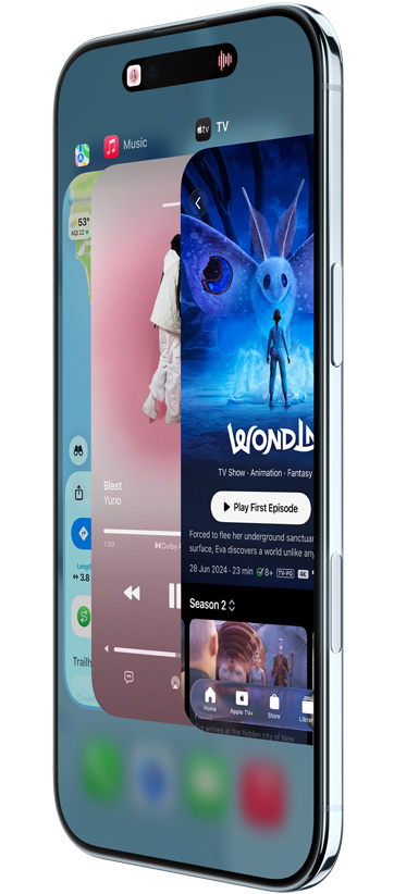iPhone Air, voorkant, zijkant, met Kaarten, Muziek en Apple TV+, de Appkiezer wordt gebruikt
