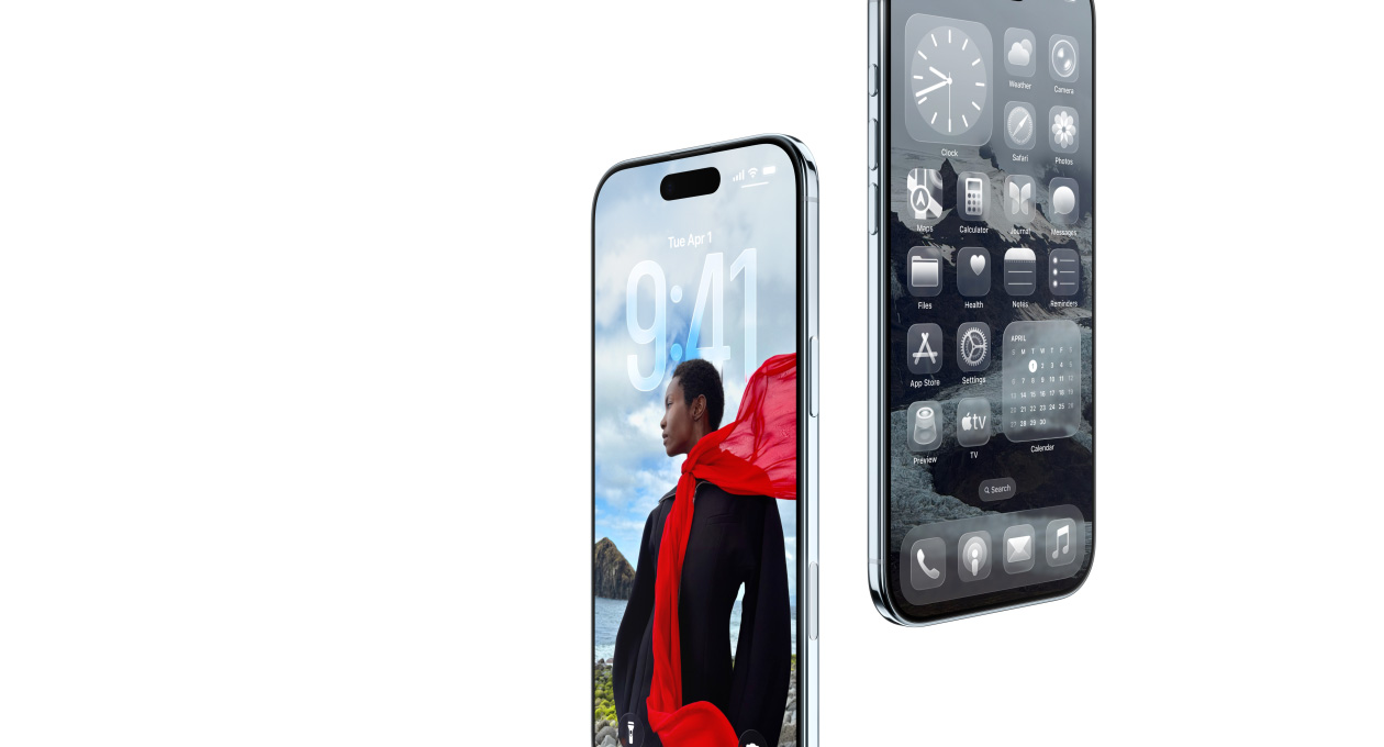 Два пристрої iPhone Air, вид спереду, вид збоку, тонкий профіль, динамічний замкнений екран, початковий екран із додатками Liquid Glass