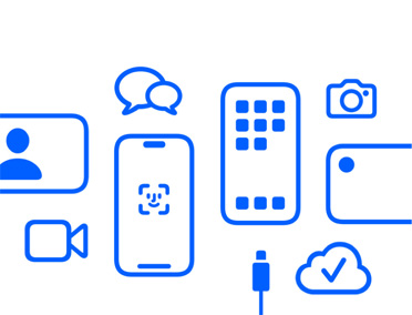 أجهزة Apple وميزاتها، iCloud، ‏‏iPhone مع بصمة الوجه وكابل الشحن، الكاميرا، المراسلات، الرسائل‏