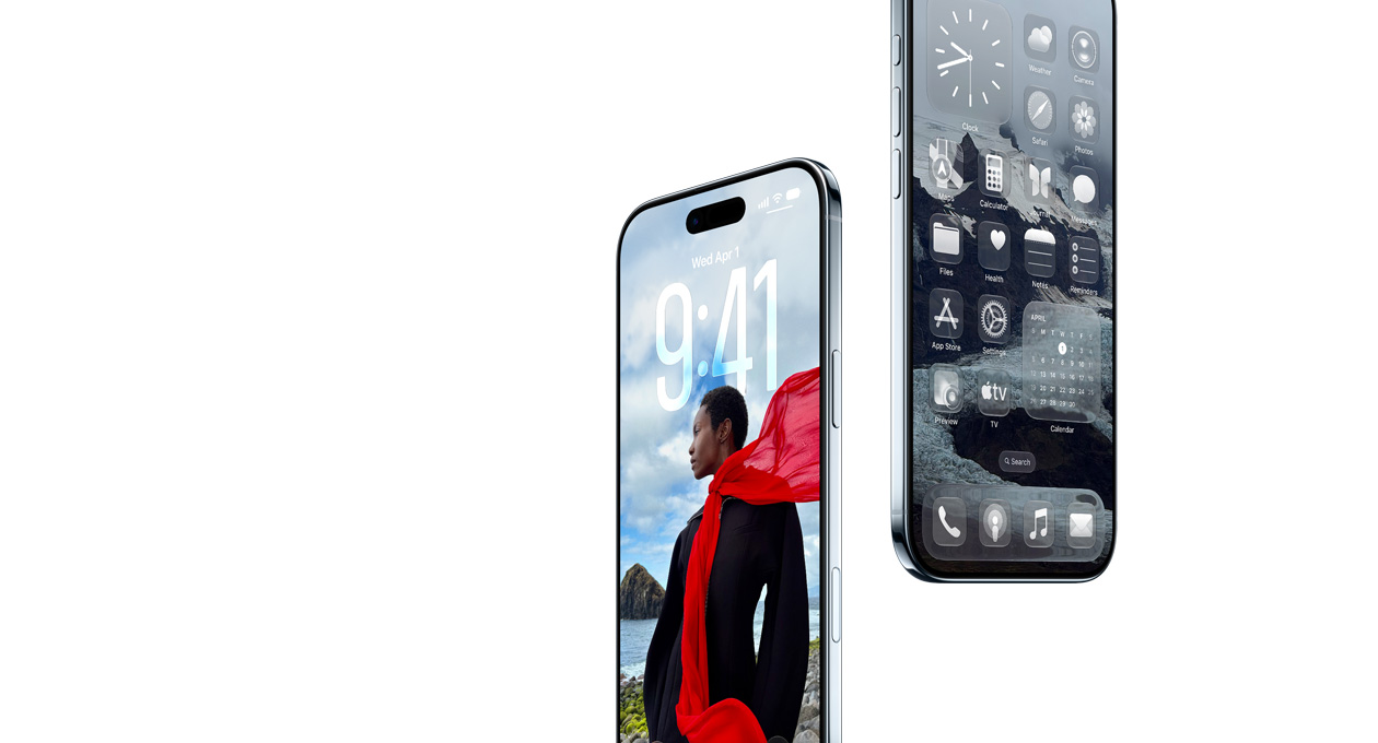 Two iPhone Air devices floating in the air at an angle, with the lock screen shown on one device and the Home Screen, with apps like Maps, Music and Apple TV apps on the other.