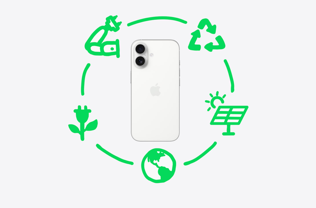 Grafic arătând pașii făcuți de Apple pentru a recicla și reutiliza materialele, inclusiv proiectarea și procurarea, fabricarea, ambalarea și expedierea, utilizarea și recuperarea, încercuind iPhone 17 în culoarea Albastru difuz, exterior spate.