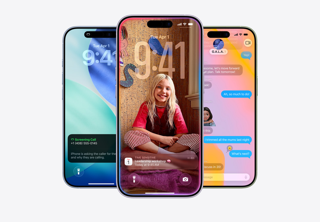 Ecran iPhone afișând o fereastră pop-up cu funcția Filtrare apel, ecran iPhone afișând o fereastră pop-up din Calendar pe un fundal personalizat cu poza unui copil, ecran iPhone afișând aplicația Mesaje cu design Liquid Glass