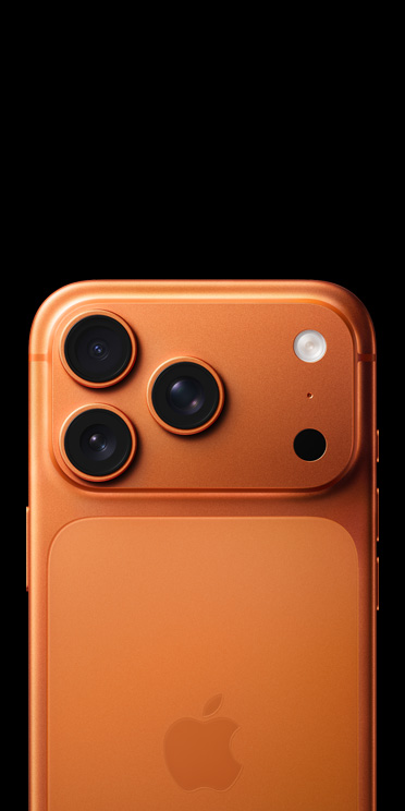 iPhone 17 Pro in cosmic orange finish, back exterior showcasing Pro Fusion camera system, LiDAR flash, and microphone.