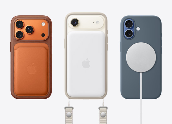 Vierekkäin, iPhone 17 Pro, taustapuoli, kiinnitettynä FineWoven-lompakko MagSafella, iPhone Air, taustapuoli, vaalea kulta, kiinnitettyinä olkahihna ja MagSafe-akku, iPhone Pro, taustapuoli, kiinnitettyinä sininen kuori ja MagSafe-laturi