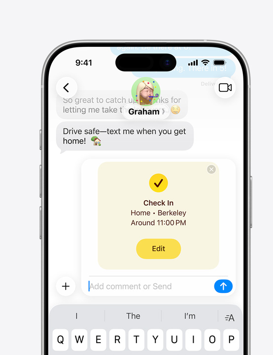Ecrã do iPhone a mostrar uma conversa da app Mensagens com a funcionalidade Verificação em utilização