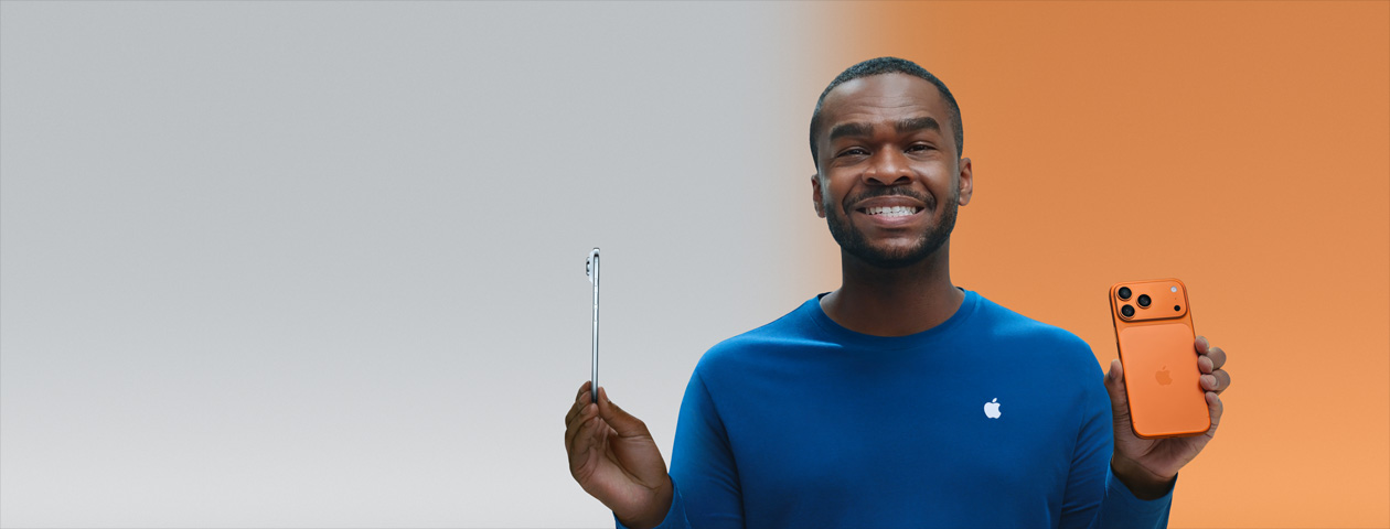 帶你認識新 iPhone 的導覽影片，圖片展示一個人拿著 iPhone 17 Pro，展示機身背面與宇宙橙色外觀；另一手拿著 iPhone Air，展示機身側面與天藍色外觀