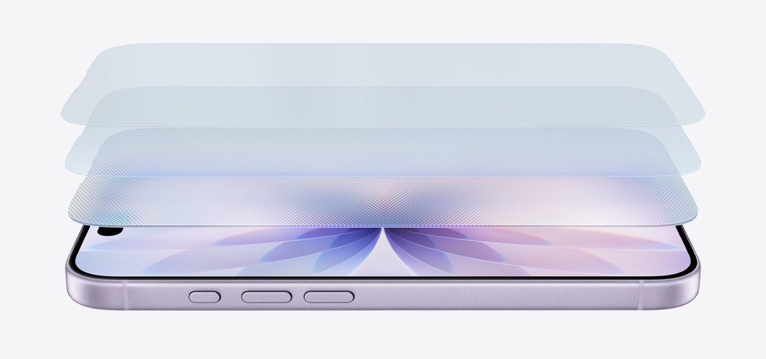 iPhone 17 couleur lavande à l’horizontale, avec différentes couches montrant le Ceramic Shield 2