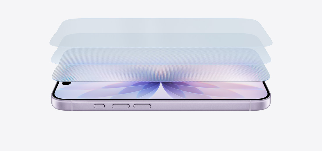 iPhone 17 couleur lavande à l’horizontale, avec différentes couches montrant le Ceramic Shield 2