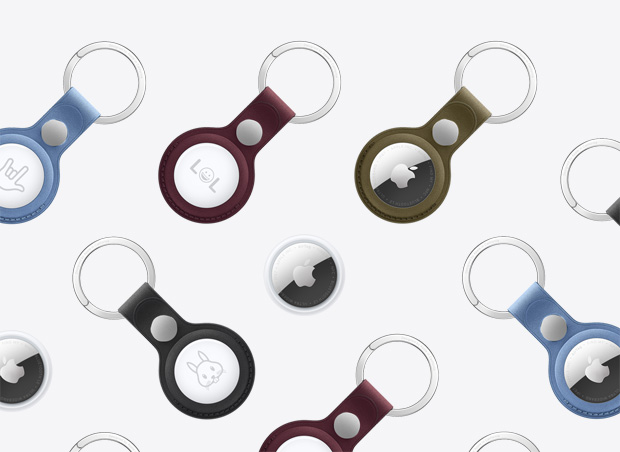AirTag and AirTag FineWoven Key Ring: an array of colours including Glacier, Burgundy and Green, key ring accessories display Apple logo on front or custom engravings on back