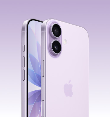 Due iPhone 17 lavanda, uno di fronte all’altro: uno mostra parzialmente il display e il lato, con il tasto Azione e i tasti del volume. L’altro mostra la parte posteriore con il sistema a doppia fotocamera Fusion in alto a sinistra.