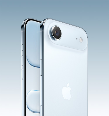 iPhone Air in Sky Blue finish, partial-screen display and side angle shows — Action button, volume button and side button. Back exterior shows Fusion camera system in top left corner.