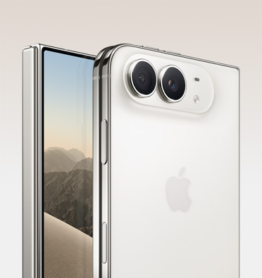 iPhone Duo, Star White colour, angled to the left, inner display with display screen showing an image of a dessert; iPhone Duo, Star White colour, angled to the left, closed, back exterior, 48MP Dual Fusion rear cameras in top corner, two lenses, microphone, flash