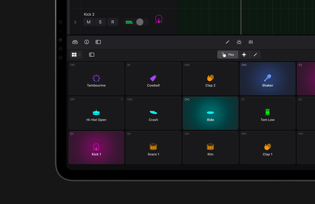 Close up of a customized drum pad in Logic Pro for iPad on iPad Pro