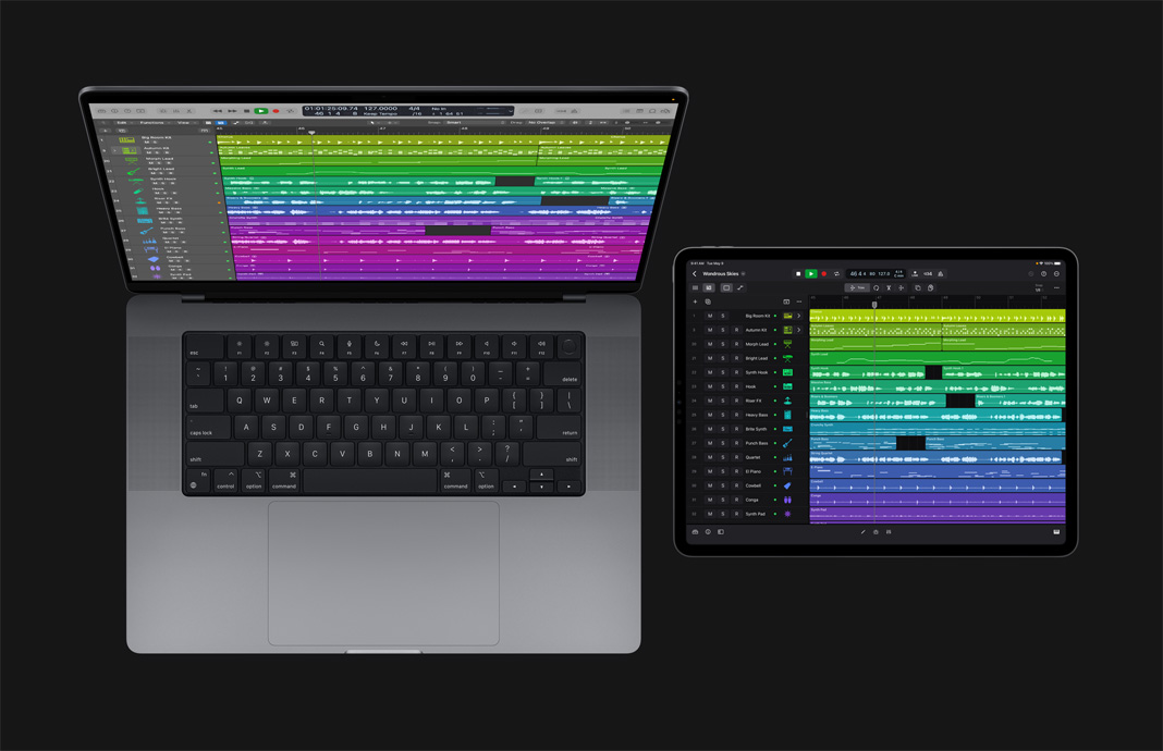 iPad Pro and MacBook Pro are side-by-side with both devices showing Logic Pro on their screen.