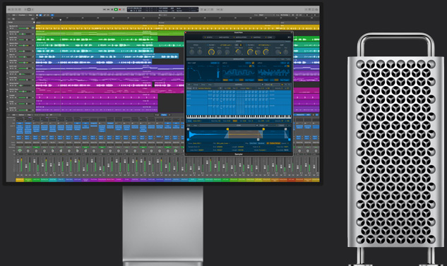 Mac Pro 旁的顯示器上顯示一個大型的多音軌 Logic Pro 計畫案。