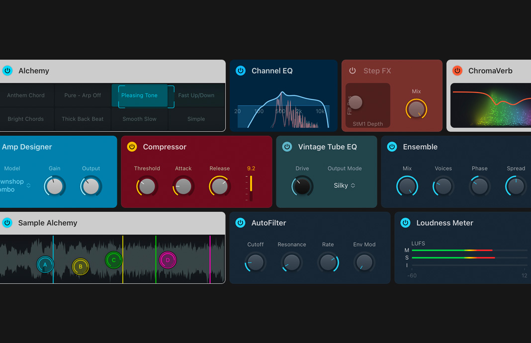 A collection of plug-in tiles in Logic Pro on iPad Pro.