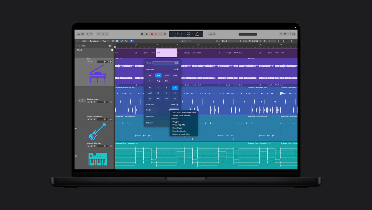 Pantalla de un MacBook Pro de 16 pulgadas que muestra los ajustes de la ventana de la Pista de Acordes, Piano, Platinum Cuts, Simple Foundation, Majestic Rise Pad, Chord