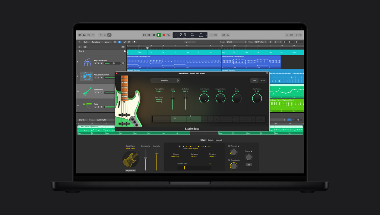 Pantalla de un MacBook Pro de 16 pulgadas que muestra Session Players, Studio Bass player: Sixties Half Muted y los ajustes
