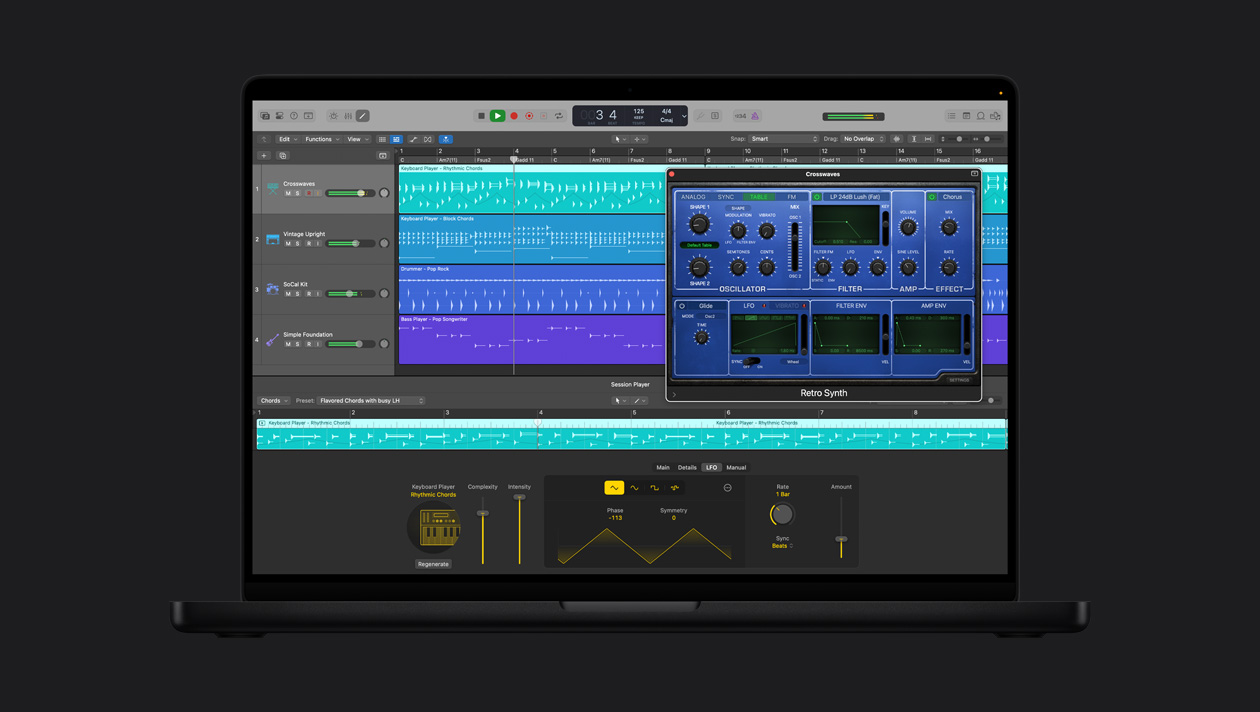 Pantalla de un MacBook Pro de 16 pulgadas que muestra Synth Player, la ventana de Crosswaves está abierta con opciones de control, a la izquierda están Vintage Upright, SoCal Kit y Simple Foundation, en la parte inferior están los controles de Keyboard Player Rhythmic Chords