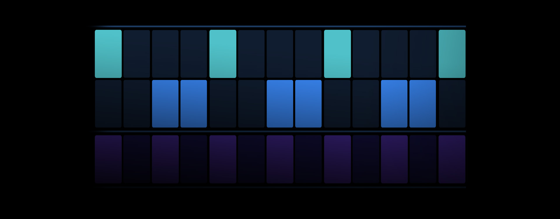 Imagen que muestra herramientas de composición de ritmos con diferentes bloques de color que representan distintos instrumentos de percusión