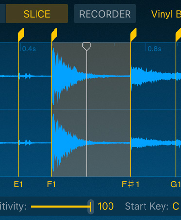 Quick Sampler, ondas de audio azules, botones de cortar y grabar