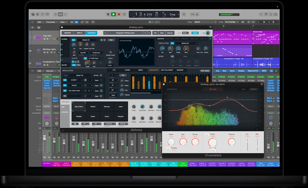 Pantalla de un MacBook Pro de 16 pulgadas con Logic Pro y un módulo de control de arpegios