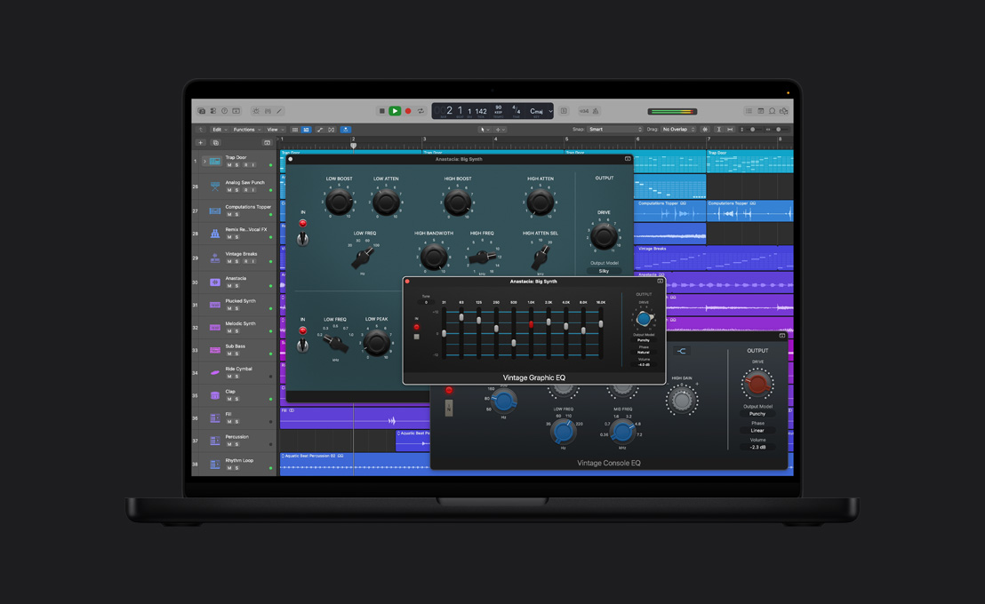 Pantalla de un MacBook Pro de 16 pulgadas que muestra Vintage EQ, Anastacia: ventana de Big Synth, con los selectores ajustados a diferentes números y los controles de salida a la derecha