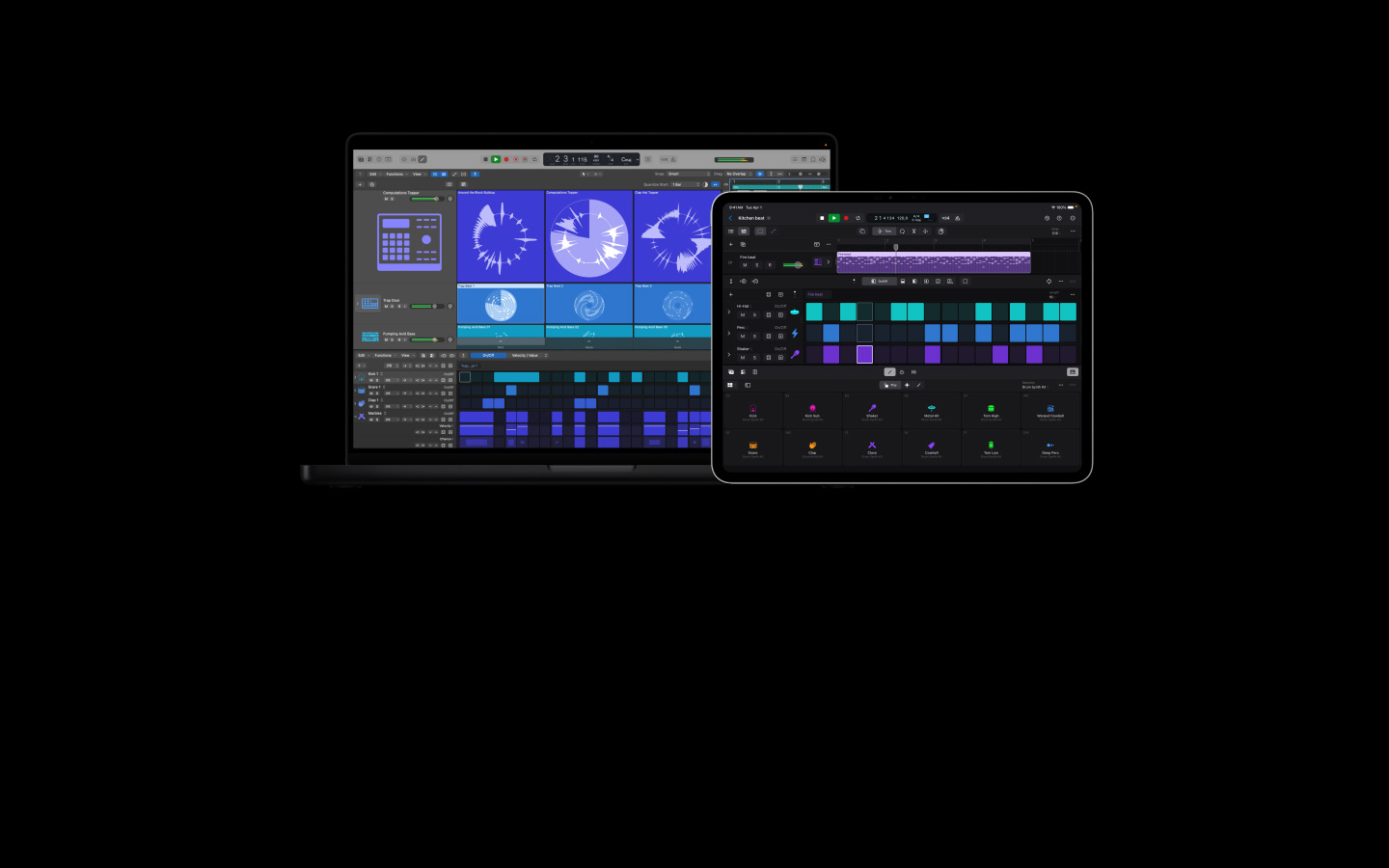 Pantalla de un MacBook Pro de 16 pulgadas con la interfaz de Logic Pro, detalles de varios controles de los bajos y la batería, la pantalla del iPad Pro de 13 pulgadas muestra los controles de varios tipos de batería y efectos de percusión