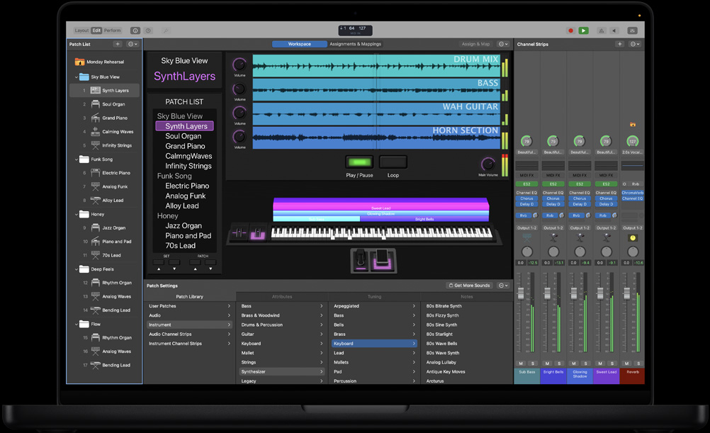 Pantalla de un MacBook Pro de 16 pulgadas que muestra el espacio de trabajo de MainStage, un panel izquierdo con varios archivos, en la parte inferior Patch Settings con la Patch Library de sonidos, a la derecha Canales y controles