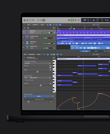 Pantalla de un MacBook Pro de 16 pulgadas que muestra ondas sonoras con diferentes filas, como Big Room, Morphing Lead, Lead Vocal, Massive Bass, en la parte inferior está la ventana de Editor de teclado con ajustes a la izquierda