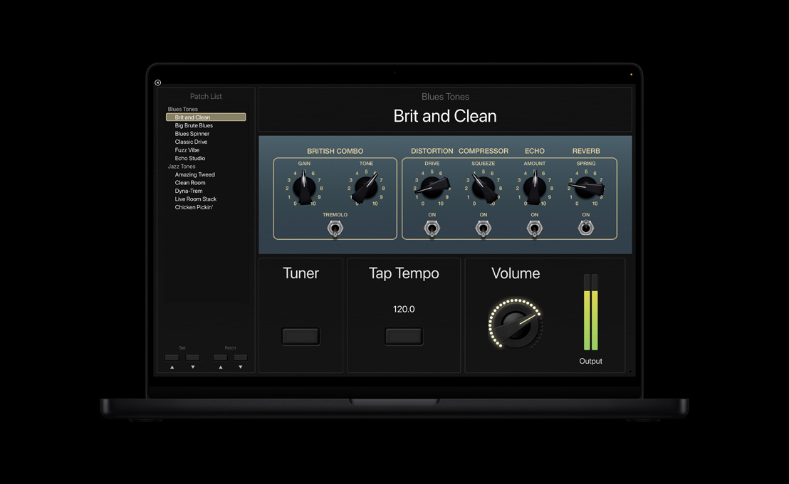 Pantalla de un MacBook Pro de 16 pulgadas que muestra el panel Patch List a la izquierda, Blue Tones en el centro con selectores, y en las secciones inferiores Afinador, Marcar tempo, Volumen