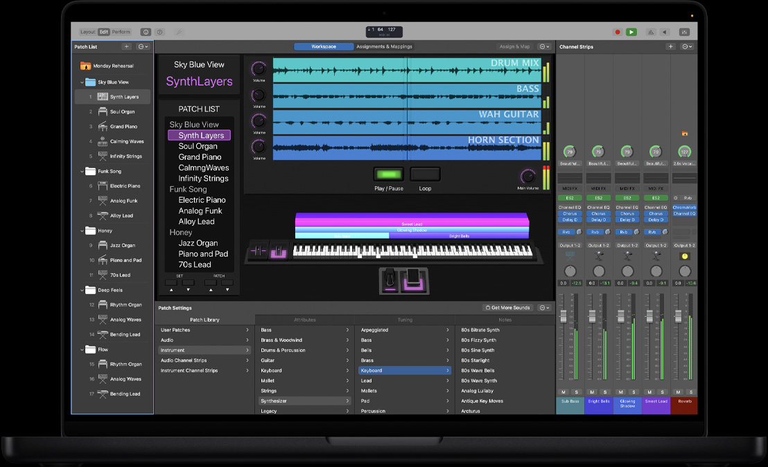 Pantalla de un MacBook Pro de 16 pulgadas que muestra el espacio de trabajo de MainStage, un panel izquierdo con varios archivos, en la parte inferior Patch Settings con la Patch Library de sonidos, a la derecha Canales y controles