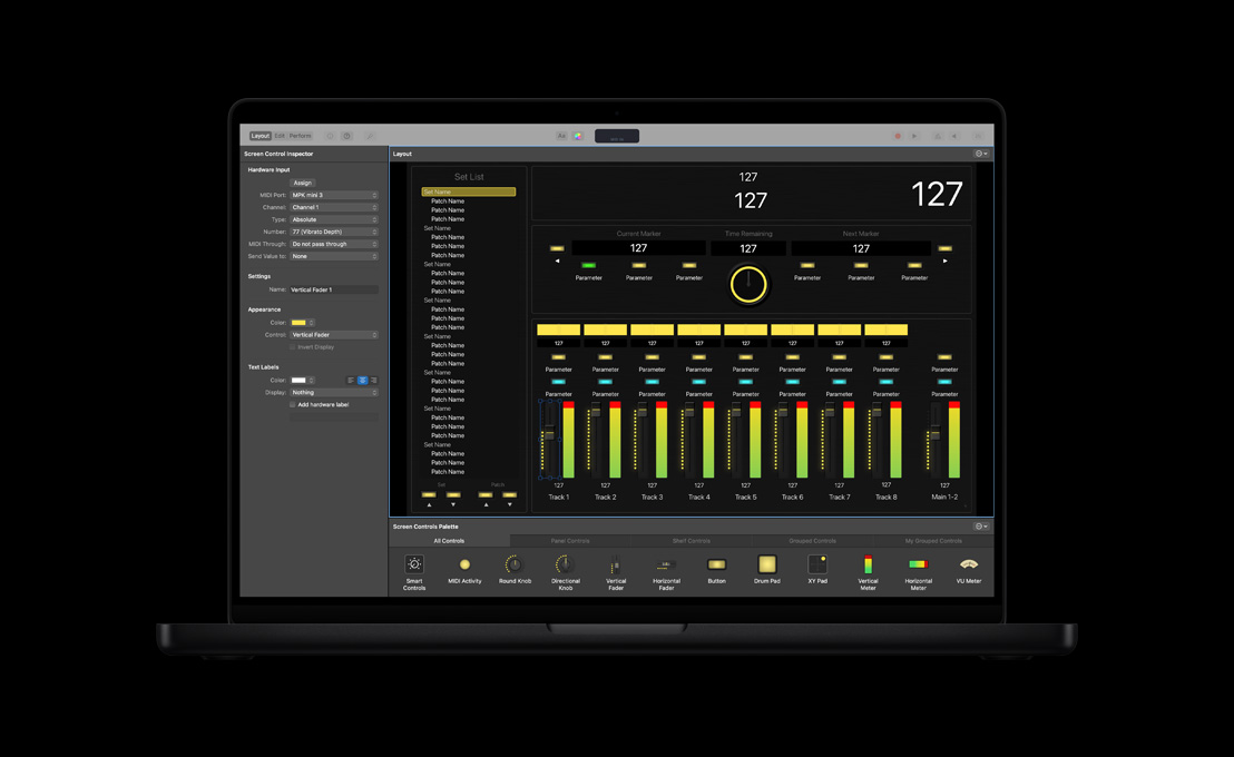 MacBook Pro de 16 pulgadas, la pantalla muestra el espacio de trabajo de Logic Pro con la vista de composición, el inspector de control de pantalla a la izquierda y la paleta de controles de pantalla en la parte inferior