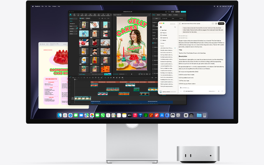 Mac mini front, tucked under Studio Display, screen shows Perplexity Personal Computer, CapCut and Pages running in macOS environment