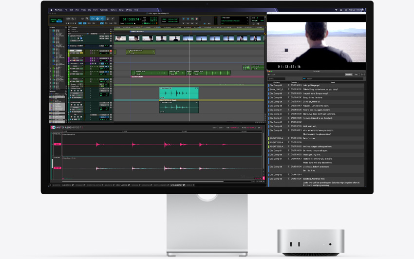 Mac mini front, tucked under Studio Display, Pro Tools with Auto-Align Post 2 plug-in running in macOS environment