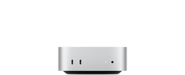 Mac mini, front, two Thunderbolt ports, status indicator light and headphone jack, tapered black base at bottom, flat top, rounded sides, straight edges, silver colour