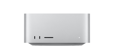 Mac Studio, front, two USB-C ports, SDXC card slot, status indicator light, tapered base at bottom, flat top, rounded sides, straight edges, silver colour