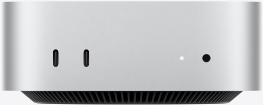 Mac mini, front, two Thunderbolt ports, status indicator light and headphone jack, tapered black base at bottom, flat top, rounded sides, straight edges, silver colour