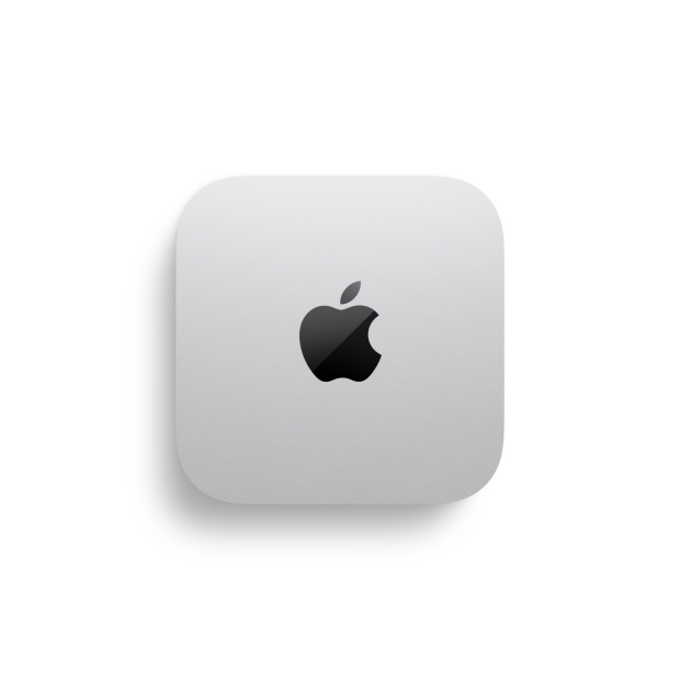Mac mini, top, dimensions marked as 5 inches on left and bottom of device, silver aluminium, square, rounded corners, glossy black Apple logo centred