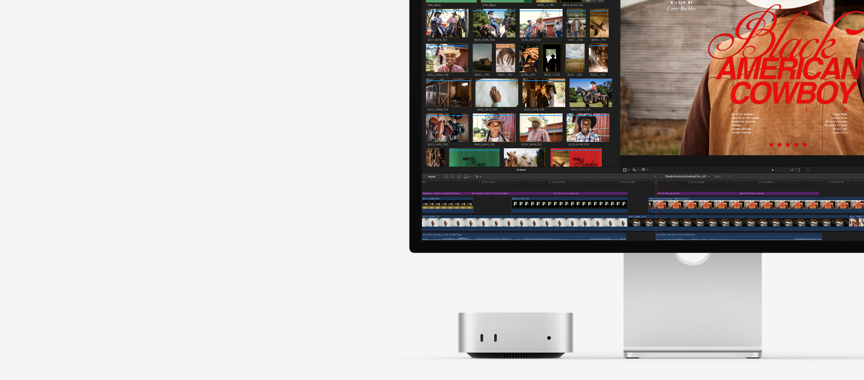 Mac mini paired with Studio Display, screen shows a title screen from a film titled Black American Cowboy on the right, several image stills on the left