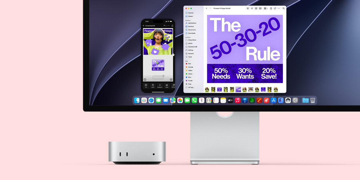 Mac mini front, tucked under Studio Display display screen shows iPhone mirroring of a social media post about a topic titled Finance Fridays