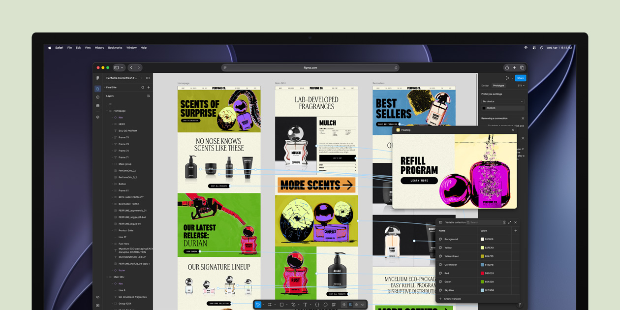Studio Display screen, Figma app interface, canvas work window showing various digital artwork